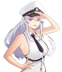 Rule 34 | 1girl, absurdres, arm up, armpit crease, armpit focus, armpit peek, armpits, azur lane, bare arms, bare shoulders, black necktie, breasts, button gap, collared shirt, commentary, distr, enterprise (azur lane), hand on own hip, hat, highres, large breasts, long hair, looking at viewer, necktie, open mouth, peaked cap, purple eyes, shirt, sidelocks, simple background, sleeveless, sleeveless shirt, smile, solo, teeth, upper body, upper teeth only, white background, white hair, white hat, white shirt, wing collar