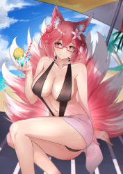 Rule 34 | 1girl, absurdres, animal ears, arm support, bare arms, beach, blue sky, breasts, cleavage, closed mouth, cloud, collarbone, cup, day, drink, elysia kitsune, elysia watanabe, flower, fox ears, fox girl, fox tail, glasses, hair between eyes, hair flower, hair ornament, highres, holding, holding cup, kakuma, large breasts, looking at viewer, multiple tails, navel, ocean, original, palm tree, pink eyes, pink hair, sand, sitting, sky, smile, solo, tail, tree