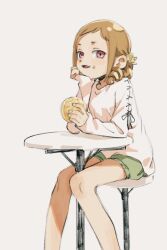 Rule 34 | 1girl, bar stool, blush, bread, brown hair, cross-laced clothes, cross-laced sleeves, fang, feet out of frame, food, food on face, green shorts, hand on own chin, highres, holding, holding food, idolmaster, idolmaster cinderella girls, imay3927, knees together feet apart, long sleeves, looking at viewer, low ponytail, medium hair, melon bread, ohara michiru, on stool, open mouth, pink eyes, ringlets, shirt, short bangs, short eyebrows, short shorts, shorts, simple background, skin fang, smile, solo, stool, table, white background, white shirt