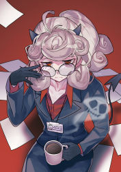 Rule 34 | absurdres, bags under eyes, black gloves, black horns, black suit, black tail, business suit, coffee, coffee mug, collared shirt, cup, curly hair, demon girl, demon horns, demon tail, formal, glasses, gloves, helltaker, highres, horns, looking at viewer, mug, pandemonica (helltaker), ponytail, shirt, solo, suit, tail, takamizo, white hair