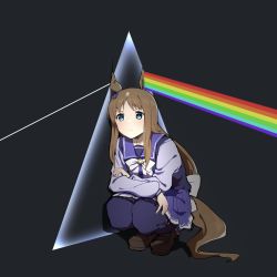 Rule 34 | 1girl, absurdres, animal ears, bow, bowtie, brown footwear, brown hair, closed mouth, dark side of the moon, full body, grass wonder (umamusume), green eyes, highres, holding own arm, horse ears, horse girl, horse tail, long hair, long sleeves, pink floyd, prism, purple shirt, purple skirt, purple thighhighs, rainbow, sailor collar, school uniform, shirt, shoes, skirt, solo, squatting, supodorichan, tail, thighhighs, tracen school uniform, umamusume