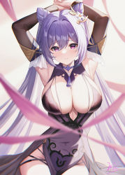 Rule 34 | 1girl, alternate costume, armpits, arms up, blush, breasts, choker, cleavage, closed mouth, detached sleeves, double bun, dress, eric (tianqijiang), genshin impact, hair bun, hair ornament, highres, keqing (genshin impact), large breasts, long hair, long sleeves, looking at viewer, purple choker, purple dress, purple eyes, purple hair, purple ribbon, ribbon, signature, smile, solo