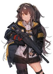 Rule 34 | 1girl, absurdres, armband, asymmetrical legwear, backpack, bag, bare legs, black gloves, black jacket, black pantyhose, black skirt, commentary, fingerless gloves, foregrip, girls&#039; frontline, gloves, grey hair, grip, gun, h&amp;k ump, hair ornament, hair over shoulder, headgear, highres, holding, holding gun, holding weapon, hood, hood down, hooded jacket, jacket, long sleeves, looking at viewer, loose necktie, messy hair, mod3 (girls&#039; frontline), necktie, one eye closed, open mouth, pantyhose, parted bangs, pleated shirt, pleated skirt, ponytail, pouch, shirt, shishamo (domado), side ponytail, sidelocks, single leg pantyhose, sketch, skirt, smile, solo, submachine gun, suppressor, tactical clothes, teeth, thigh pouch, ump45 (girls&#039; frontline), ump45 (mod3) (girls&#039; frontline), untucked shirt, vertical foregrip, weapon, white shirt, yellow eyes, yellow necktie
