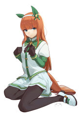 Rule 34 | 1girl, absurdres, animal ears, black bow, black bowtie, black pantyhose, blue eyes, blue gloves, blunt bangs, bow, bowtie, brown hair, brown tail, closed mouth, commentary request, ear covers, flat chest, footwear bow, full body, gloves, green bow, green sailor collar, hairband, hands up, highres, hime cut, horse ears, horse girl, horse tail, lamser, light blush, long hair, looking at viewer, pantyhose, pleated skirt, sailor collar, shirt, silence suzuka (umamusume), simple background, sitting, skirt, solo, tail, umamusume, white background, white footwear, white hairband, white shirt, white skirt, yokozuwari
