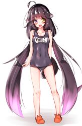 Rule 34 | 1girl, a:n (angrynum), ahoge, animal ears, black hair, blush, character name, clothes writing, covered navel, dog ears, dog tail, fang, full body, gradient hair, heterochromia, highres, long hair, looking at viewer, low twintails, multicolored hair, one-piece swimsuit, original, purple hair, rose (angry num), school swimsuit, simple background, solo, standing, swimsuit, tail, twintails, very long hair