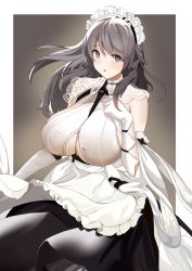 Rule 34 | 1girl, absurdres, apron, azur lane, between breasts, black skirt, blue eyes, border, breasts, brown hair, charybdis (azur lane), clothing cutout, elbow gloves, frilled apron, frills, gloves, hand up, highres, huge breasts, long hair, looking at viewer, maid headdress, open mouth, outside border, shirt, skirt, sleeveless, sleeveless shirt, solo, tnr (horiko1525), underboob, underboob cutout, waist apron, white apron, white border, white gloves, white shirt