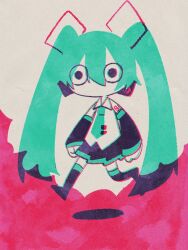 Rule 34 | 1girl, aqua hair, aqua necktie, black eyes, black footwear, black skirt, black sleeves, boots, chibi, chromatic aberration, collared shirt, detached sleeves, full body, hair ornament, hatsune miku, headphones, highres, looking at viewer, midair, necktie, no mouth, number tattoo, pink background, pleated skirt, shadow, shirt, shoulder tattoo, skirt, solo, tattoo, thigh boots, two-tone background, vocaloid, walking, white background, white shirt, wide-eyed, zankyoushitsu