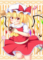 Rule 34 | 1girl, candy, chocolate doughnut, cookie, doughnut, eating, flandre scarlet, food, highres, ice cream, ice cream cone, lollipop, rena (riries), solo, sweets, touhou, wrapped candy