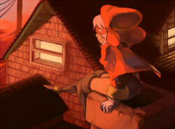 Rule 34 | 1girl, art trade, black footwear, boots, borrowed character, cape, chimney, closed mouth, cloud, commentary, dress, english commentary, eye mask, gloves, gold bracelet, hood, hood up, hooded cape, house, juliet sleeves, long sleeves, low twintails, on roof, orange sky, original, outdoors, outstretched leg, power lines, puffy sleeves, red cape, red dress, red mask, short dress, short hair, sitting, sitting on roof, sky, smirk, solo, sunset, temmie chang, thigh boots, twintails, white gloves, white hair, window