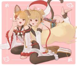 Rule 34 | 2girls, :d, andira (granblue fantasy), animal ears, barefoot, blonde hair, braid, brown eyes, brown legwear, claw pose, clog sandals, commentary, dog ears, english commentary, fangs, granblue fantasy, hair ornament, heart, long sleeves, looking at viewer, lying, monkey tail, multiple girls, obi, okobo, on stomach, one eye closed, open mouth, pantyhose, pink background, pumpkinspicelatte, sandals, sash, see-through, see-through sleeves, short hair, smile, tail, the pose, twintails, vajra (granblue fantasy), wide sleeves