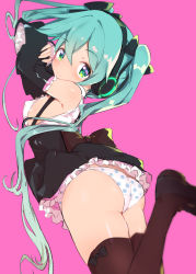 Rule 34 | 1girl, aqua eyes, aqua hair, arm pillow, ass, black border, black dress, black footwear, black sleeves, black thighhighs, blush, border, bow, bow legwear, breasts, caburi, closed mouth, clothes lift, commentary, crossed arms, crotch seam, detached sleeves, dress, dress lift, dutch angle, frilled dress, frilled sleeves, frills, hair bow, hatsune miku, headphones, leg up, long hair, looking at viewer, looking back, lying, on stomach, panties, polka dot, polka dot panties, shoes, sideboob, simple background, skindentation, sleeveless, sleeveless dress, small breasts, smile, solo, thighhighs, twintails, underwear, very long hair, vocaloid, white panties