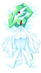 1girl ass blush bob_cut breasts colored_skin creatures_(company) dakimakura_(medium) dress game_freak gardevoir gen_3_pokemon green_hair green_skin highres lying multicolored_skin nintendo on_stomach pink_eyes pokemon pokemon_(creature) tanpopo_hayabusa-maru two-tone_skin white_dress white_skin