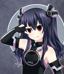 Rule 34 | bare shoulders, black hair, breasts, collar, dress, gloves, hair ornament, hairclip, highres, long hair, neptune (series), red eyes, slackmadi, small breasts, smile, tongue, tsundere, twintails, two side up, uni (neptunia)