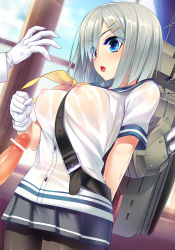 Rule 34 | 10s, 1boy, 1girl, admiral (kancolle), bar censor, belt, black pantyhose, blue eyes, blush, breasts, censored, dragonmaterial, gloves, hair ornament, hair over one eye, hairclip, hamakaze (kancolle), hetero, highres, kantai collection, nipples, open mouth, pantyhose, penis, personification, school uniform, see-through, serafuku, short hair, short sleeves, silver hair, skirt, wet, wet clothes, white gloves