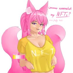 Rule 34 | 1girl, absurdres, animal ear fluff, animal ears, clothes writing, fluffy, fox ears, fox girl, fox tail, highres, looking at viewer, multiple tails, original, pink eyes, pink hair, pink tail, ponytail, shirt, tail, takie arts, text focus, two tails, white background, yellow shirt