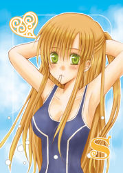 Rule 34 | 1girl, arms up, breasts, code geass, female focus, green eyes, long hair, mouth hold, one-piece swimsuit, orange hair, outdoors, radical-d, shirley fenette, sky, solo, swimsuit