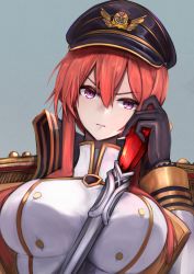 Rule 34 | 1girl, azur lane, between breasts, black gloves, black hat, breasts, coat, epaulettes, gloves, hair between eyes, hat, highres, holding, holding staff, large breasts, long hair, looking at viewer, marshall k, military, military hat, military uniform, monarch (azur lane), parted lips, peaked cap, pink eyes, red hair, solo, staff, uniform, upper body, v-shaped eyebrows, white coat, wing collar