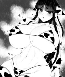 Rule 34 | 1girl, animal print, bikini, blunt bangs, breasts, commentary request, cow print, cow print bikini, cow print gloves, cow print thighhighs, elbow gloves, gloves, greyscale, groin, haseru (ginku mh), heart, huge breasts, long hair, looking at viewer, monochrome, navel, open mouth, original, print bikini, print gloves, print thighhighs, short eyebrows, solo, swimsuit, thighhighs