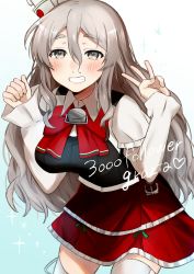 Rule 34 | 1girl, absurdres, blue background, brown eyes, commentary request, corset, cowboy shot, gradient background, grey hair, grin, hat, highres, kantai collection, looking at viewer, milestone celebration, mini hat, miniskirt, pola (kancolle), shirt, skirt, smile, solo, thick eyebrows, thighhighs, tilted headwear, toriniku senshi chikinman, typo, wavy hair, white shirt, white thighhighs