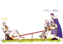 1girl 2boys armor blonde_hair boots cape closed_eyes commentary_request fate/grand_order fate_(series) grass high_heels jacket lancelot_(fate/grand_order) melusine_(fate) misuko_(sbelolt) multiple_boys percival_(fate) purple_cape purple_hair seesaw thigh_boots white_hair white_jacket