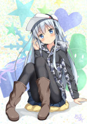 Rule 34 | 1girl, black pantyhose, black skirt, blue eyes, boots, brown footwear, camouflage, camouflage jacket, hair between eyes, hammer and sickle, hat, hibiki (kancolle), jacket, kantai collection, long hair, long sleeves, mikoillust, pantyhose, pleated skirt, signature, silver hair, skirt, solo, verniy (kancolle), white hat