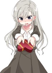 Rule 34 | 1girl, @ @, black jacket, black skirt, blouse, blue eyes, blush, box, braid, braided bangs, collarbone, collared shirt, commentary request, dress shirt, earrings, eyebrows hidden by hair, gift, gift box, grey hair, hair between eyes, heart-shaped box, highres, hisakawa hayate, holding, holding gift, idolmaster, idolmaster cinderella girls, idolmaster cinderella girls starlight stage, jacket, jewelry, juliet sleeves, long hair, long sleeves, nose blush, open mouth, pleated skirt, puffy sleeves, shirt, shiwa (siwaa0419), simple background, skirt, solo, sweat, very long hair, white background, white shirt