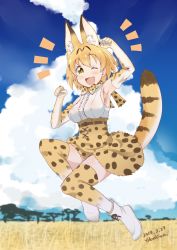 Rule 34 | 10s, 1girl, ;d, animal ears, armpits, blonde hair, blue sky, blurry, cloud, cloudy sky, commentary request, dated, day, depth of field, elbow gloves, gloves, highres, horizon, jumping, kemono friends, looking at viewer, one eye closed, open mouth, paw pose, savannah, serval (kemono friends), serval print, serval tail, short hair, sky, smile, solo, tail, thighhighs, yellow eyes, yokoshima (euphoria), zettai ryouiki