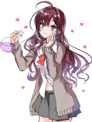 Rule 34 | 1girl, ahoge, blue eyes, blush, bow, bowtie, brown hair, cardigan, cowboy shot, dress shirt, erlenmeyer flask, flask, floating hair, grey cardigan, grey skirt, hair between eyes, hand on own cheek, hand on own face, heart, holding, ichinose shiki, idolmaster, idolmaster cinderella girls, long hair, long sleeves, miniskirt, open cardigan, open clothes, pleated skirt, red bow, red bowtie, round-bottom flask, shirt, simple background, skirt, smile, solo, very long hair, white background, white shirt, yukiya (shiya)