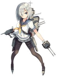 Rule 34 | 10s, 1girl, anti-aircraft, anti-aircraft gun, blue eyes, cannon, closed mouth, full body, gloves, grey skirt, hair ornament, hair over one eye, hamakaze (kancolle), kantai collection, looking at viewer, official art, pantyhose, parsley-f, pleated skirt, short hair, short sleeves, silver hair, skirt, solo, thigh strap, torpedo, transparent background, turret, white gloves