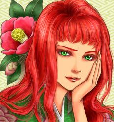 Rule 34 | 1girl, flower, green eyes, hand on own cheek, hand on own face, hand up, hgs92y, juuni kokuki, leaf, long hair, looking at viewer, nakajima youko, red flower, red hair, sayagata, smile, solo