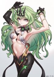 Rule 34 | 1girl, armpits, asymmetrical gloves, crown, elbow gloves, gloves, green hair, half gloves, hand in own hair, hands up, headpiece, highres, holding, holding own hair, honkai (series), honkai impact 3rd, junik (snrj2255), long hair, midriff, mismatched gloves, mobius (honkai impact), navel, single sleeve, slit pupils