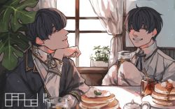 Rule 34 | 2boys, absurdres, ahoge, black hair, black jacket, black ribbon, breakfast, closed eyes, collared shirt, commentary, cup, curtains, day, drinking glass, fatalbug896, food, from side, german commentary, gold trim, grin, hand on own chin, head rest, highres, holding, holding cup, honey, indoors, jacket, jar, long sleeves, looking at another, male focus, multiple boys, neck ribbon, nichts (fatalbug896), original, pancake, philodendron, plant, potted plant, profile, ribbon, shirt, short hair, sitting, sleeves past fingers, sleeves past wrists, smile, table, teapot, white shirt, wille (fatalbug896), window