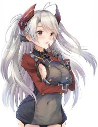 Rule 34 | 1girl, antenna hair, azur lane, blush, breasts, brown eyes, commentary request, cross, dress, garter straps, gloves, grey dress, grey gloves, hair ornament, headgear, highres, iron cross, large breasts, long hair, long sleeves, looking away, mole, mole on breast, parted lips, prinz eugen (azur lane), sideboob, silver hair, simple background, solo, staryume, two side up, very long hair, white background