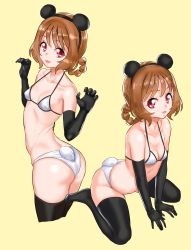 Rule 34 | 1girl, animal ears, arched back, ass, bikini, black gloves, black thighhighs, braid, braided hair rings, breasts, brown hair, cleavage, collarbone, delicious party precure, elbow gloves, fake animal ears, fake tail, gloves, hair rings, hanamichi ran, highres, kuppipi ramutarou, looking at viewer, mouse ears, open mouth, precure, red eyes, small breasts, smile, solo, swimsuit, tail, thighhighs, white bikini