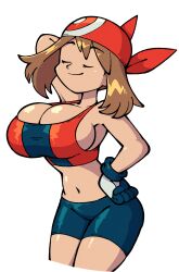 Rule 34 | 1girl, arm behind head, armpits, bandana, bare shoulders, bike shorts, blue eyes, breasts, brown hair, bursting breasts, cleavage, closed eyes, collarbone, creatures (company), cropped, female focus, game freak, gloves, hand on own hip, highres, large breasts, may (pokemon), midriff, model pose, narrow waist, navel, nintendo, nipples, no bra, pokemon, pokemon (anime), pokemon rse, short hair, short sleeves, smile, solo, stealth brock, tank top, thigh gap, thighs