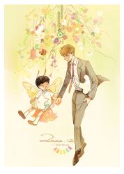 Rule 34 | 2boys, aged down, arthropod boy, black hair, blonde hair, blush, border, brown footwear, butterfly boy, butterfly wings, carrying, carrying under arm, child, collared shirt, dated, english text, eye contact, floating, floral background, formal, gradient background, grey jacket, grey pants, highres, holding hands, insect wings, jacket, kageyama shigeo, kindergarten uniform, long sleeves, looking at another, looking down, looking to the side, looking up, mob psycho 100, multiple boys, necktie, pants, parted lips, puzzle piece, red necktie, reigen arataka, renaisssa, shirt, shoes, short hair, short sleeves, socks, sparkle, suit, white shirt, white socks, wings, yellow background
