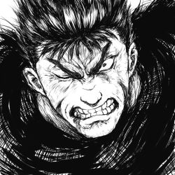 Rule 34 | 1boy, angry, berserk, clenched teeth, commentary, greyscale, guts (berserk), looking at viewer, male focus, monochrome, one eye closed, portrait, scar, scar on face, scar on nose, short hair, shu-mai, simple background, solo, teeth, upper body, white background, wide-eyed