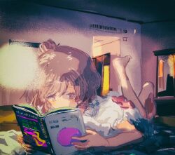 Rule 34 | 1girl, absurdres, barefoot, bedroom, book, brown eyes, brown hair, cevio, commentary request, doorway, dress, foot up, hair bun, highres, holding, holding book, indoors, kabuyama kaigi, long hair, lying, mirror, on bed, on stomach, puffy short sleeves, puffy sleeves, reading, satou sasara, short dress, short sleeves, side ponytail, single side bun, solo, the owl service (alan garner), the pose, translation request, white dress