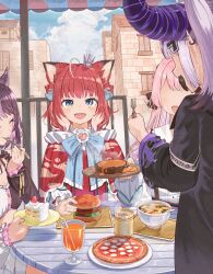 Rule 34 | 4girls, :d, ^ ^, akami karubi, amaki pururu, animal ears, black jacket, blue eyes, bowl, brown hair, burger, cake, cake slice, cape, cat ears, cat girl, closed eyes, crown, cup, drinking glass, drinking straw, faceless, faceless female, food, highres, holding, holding plate, hololive, horns, indie virtual youtuber, jacket, juice, la+ darknesss, light brown hair, long hair, long sleeves, looking at another, mini crown, mug, multicolored hair, multiple girls, open mouth, orange juice, pink hair, pizza, plate, purple hair, red cape, red hair, shirt, short hair, smile, tachibana hinano (vtuber), two-tone hair, virtual youtuber, vspo!, white shirt, yurai0739