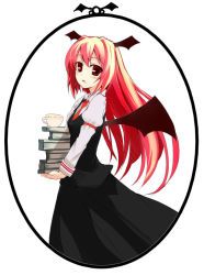 Rule 34 | 1girl, bat wings, blush, book, book stack, cup, embodiment of scarlet devil, female focus, framed, from side, gotyou, head wings, holding, holding book, koakuma, long hair, looking at viewer, necktie, red eyes, red hair, red necktie, solo, teacup, touhou, wings