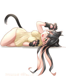 Rule 34 | alternate costume, animal ears, black hair, breasts, cat ears, cat tail, colored inner hair, dress, kantai collection, long hair, lying, medium breasts, multicolored hair, naganami (kancolle), on side, one-hour drawing challenge, pink hair, ray.s, ribbed dress, ribbed sweater, simple background, sleeveless, sleeveless dress, sweater, sweater dress, tail, two-tone hair, wavy hair, white background, yellow dress, yellow sweater