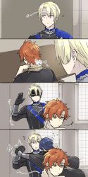 Rule 34 | 4koma, black hair, blonde hair, brown hair, bug, byleth (fire emblem), byleth (male) (fire emblem), comic, dimitri alexandre blaiddyd, fire emblem, fire emblem: three houses, hand up, highres, insect, jacket, jacket on shoulders, mosquito, musical note, nape, nintendo, shaded face, short hair, stop, sylvain jose gautier, whistling