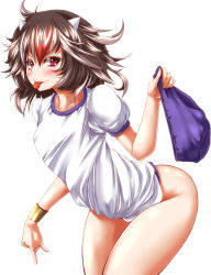 Rule 34 | 1girl, alternate costume, ass, black hair, blush, bottomless, bracelet, fang, grey horns, gym uniform, highres, horns, jewelry, kijin seija, multicolored hair, naked shirt, puffy sleeves, red eyes, red hair, ringed eyes, shirt, short sleeves, silver hair, simple background, solo, streaked hair, tongue, tongue out, touhou, unworn buruma, white background, zan (harukahime)