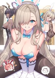 Rule 34 | 4girls, :d, absurdly long hair, ahoge, akane (blue archive), akane (bunny) (blue archive), animal ears, doodle sensei (blue archive), asuna (blue archive), asuna (bunny) (blue archive), bare shoulders, between legs, black hair, black leotard, blue archive, blue bow, blue bowtie, blue eyes, blue leotard, blue ribbon, blunt bangs, blush, bow, bowtie, braid, breasts, brown eyes, brown pantyhose, brown shawl, cleavage, closed mouth, collarbone, commentary request, dark-skinned female, dark skin, detached collar, elbow gloves, fake animal ears, fishnet pantyhose, fishnets, glasses, gloves, grin, hair between eyes, hair over one eye, hair ribbon, halo, hand between legs, hand up, highleg, highleg leotard, highres, karin (blue archive), karin (bunny) (blue archive), large breasts, leaning back, leotard, light brown hair, long hair, looking at viewer, mole, mole on breast, multiple girls, neru (blue archive), neru (bunny) (blue archive), number tattoo, official alternate costume, open mouth, pantyhose, plaid shawl, playboy bunny, ponytail, rabbit ears, red hair, ribbon, sensei (blue archive), shawl, side-tie leotard, sidelocks, single braid, sitting, smile, sparkle, spread legs, strapless, strapless leotard, sweat, t@ke-g, tattoo, thighband pantyhose, traditional bowtie, very long hair, white gloves, white leotard, white pantyhose, yellow eyes