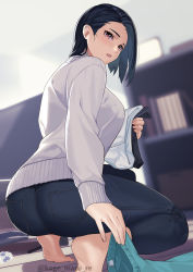 Rule 34 | 1girl, absurdres, ass, barefoot, black hair, breasts, brown eyes, denim, from below, grey sweater, highres, holding, holding clothes, indoors, jeans, kagematsuri, large breasts, mole, mole under mouth, original, pants, parted lips, picking up, short sleeves, solo, squatting, sweater, twitter username