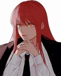 Rule 34 | 1girl, bad id, bad twitter id, black necktie, black suit, chainsaw man, fingernails, formal, highres, inuo (inuo x), jacket, jacket over shoulder, unworn jacket, long hair, makima (chainsaw man), nail polish, necktie, neckwear request, orange eyes, red lips, red nails, simple background, solo, suit, upper body, white background