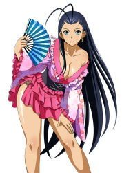 Rule 34 | 00s, 1girl, black hair, blue eyes, breasts, cleavage, collarbone, earrings, hand fan, frilled skirt, frills, holding, holding fan, ikkitousen, jewelry, kakouen myousai, large breasts, leaning forward, long hair, looking at viewer, magatama earrings, simple background, skirt, smile, solo, white background