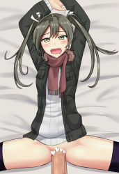 Rule 34 | 1girl, alternate costume, blush, bottomless, censored, clothed sex, drooling, green hair, hetero, highres, jacket, kantai collection, long hair, missionary, mosaic censoring, nuppunuppu, open mouth, penis, pussy, ribbed sweater, saliva, scarf, sex, spread legs, sweater, thighhighs, thighs, torogao, twintails, vaginal, zuikaku (kancolle)