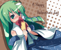 Rule 34 | 1girl, bad id, bad pixiv id, covering own mouth, detached sleeves, female focus, frog, gift, gohei, green eyes, green hair, hair ornament, happy valentine, holding, holding gift, kochiya sanae, long hair, matching hair/eyes, mouth hidden, naotaka, snake, solo, touhou, valentine