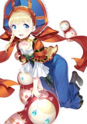 Rule 34 | 1girl, :d, blonde hair, blue eyes, boots, braid, breasts, dress, earrings, eyebrows, floral print, frills, frown, hair tie, hat, heart, highres, jewelry, lasa (lasa1116), long dress, looking at viewer, matryoshka doll, open mouth, original, print dress, ribbon, russian clothes, simple background, slavic clothes, small breasts, smile, solo, tears, teeth, traditional clothes, upper teeth only, white background, yellow ribbon